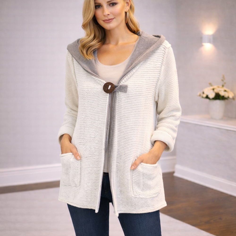 Pure Hand Knit Hooded Cotton Cardigan Sweater White Gray M/L